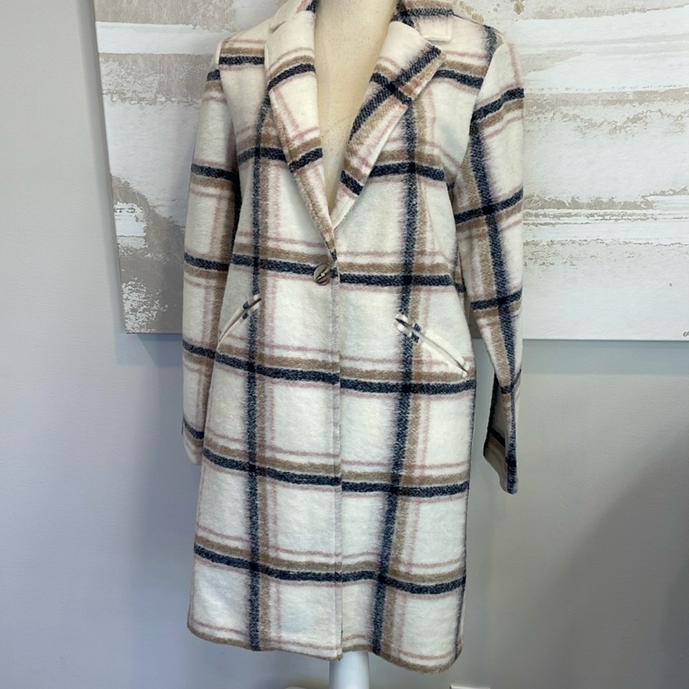 Rachel Zoe Wool Coat Navy/Pink/Cream Plaid Size S NWT